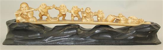 Three Japanese ivory groups of figures, early 20th century, 22cm., latter with wood stand